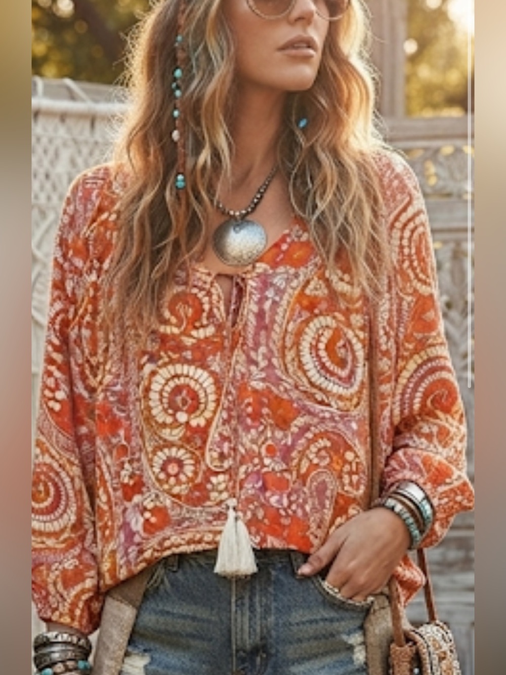 C&C California Orange Paisley Tie-Front Blouse